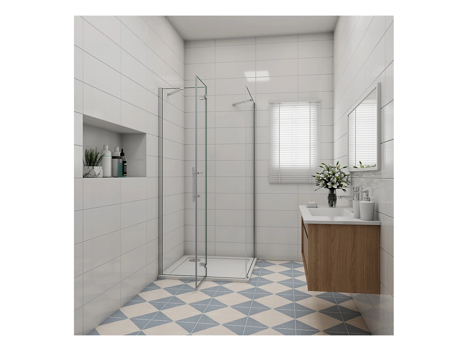 Douchecabine met vouwdeur en vaste zijwand,6mm NANO EasyClean veiligheidsglas,B:80xD:80xH:185cm,50cm Stabilisatiestang,chroom