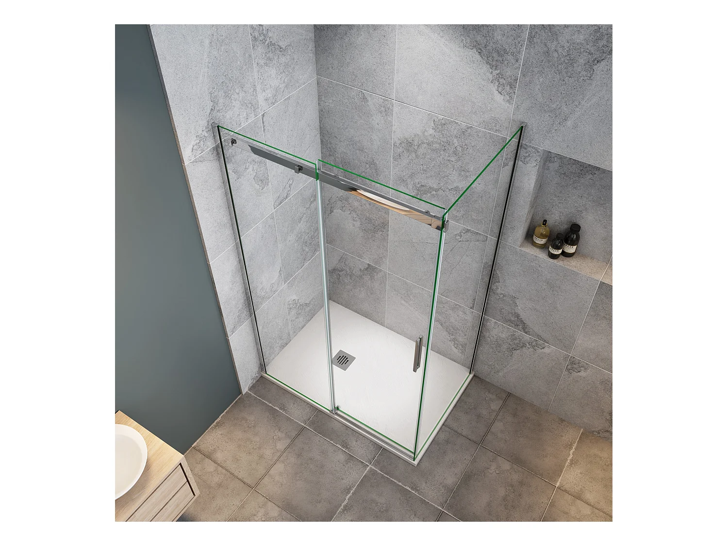 110x195cm Schuifbare douchecabine met zijwand 100cm,6mm helder glas,profiel van glanzend chroom.