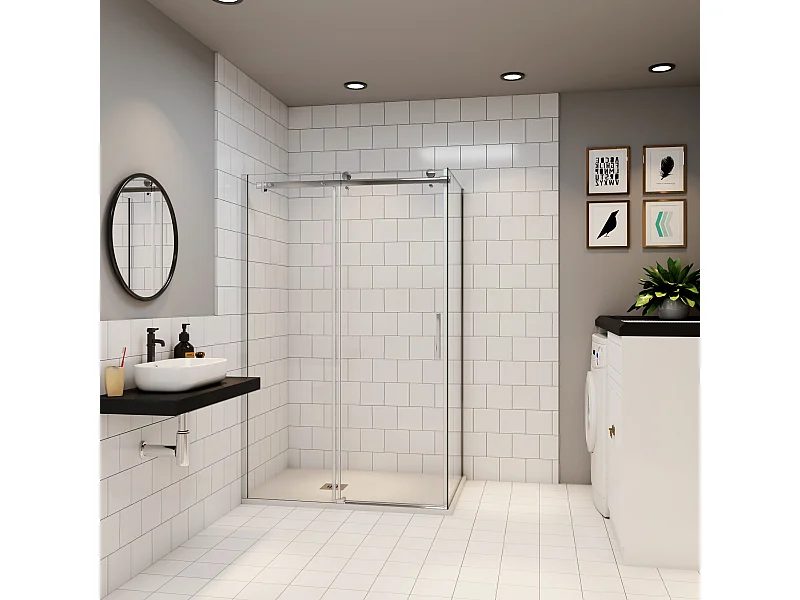 110x195cm Schuifbare douchecabine met zijwand 90x195cm,6mm helder glas,profiel van glanzend chroom.