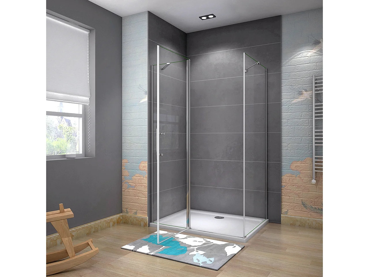 90x90x195cm Douchecabine draaideur+zijwand,6 mm NANO EasyClean veiligheidsglas,45cm Stabilisatiestang (draaibaar),profiel van glanzend chroom.