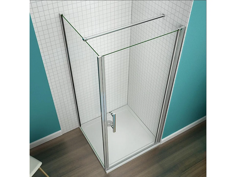 B:90xD:100x197cm Douchecabine met draaideur+zijwand,6mm EasyClean veiligheidsglas,N-vorm:90cm stabilisator (kan worden gesneden),profiel van glanzend chroom