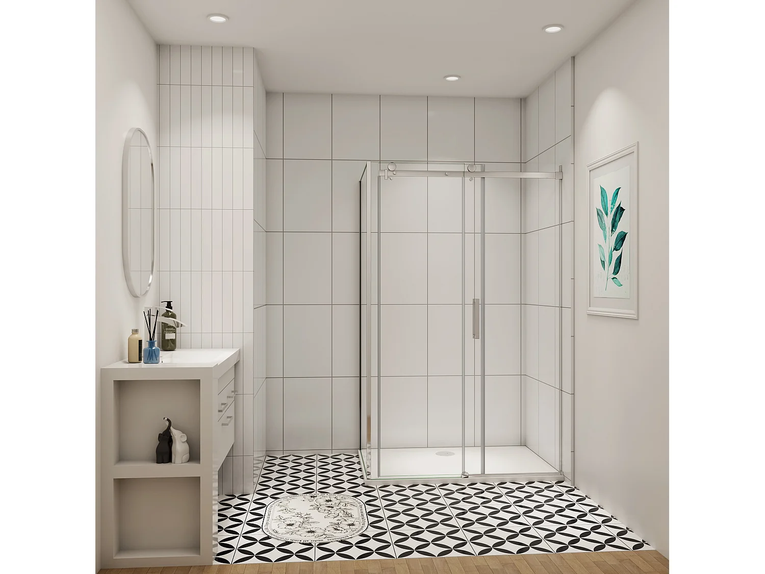 Schuifbare douchecabine 145x195cm met zijwand 90x195cm,8mm helder antikalk NANO glas,profiel van glanzend chroom.