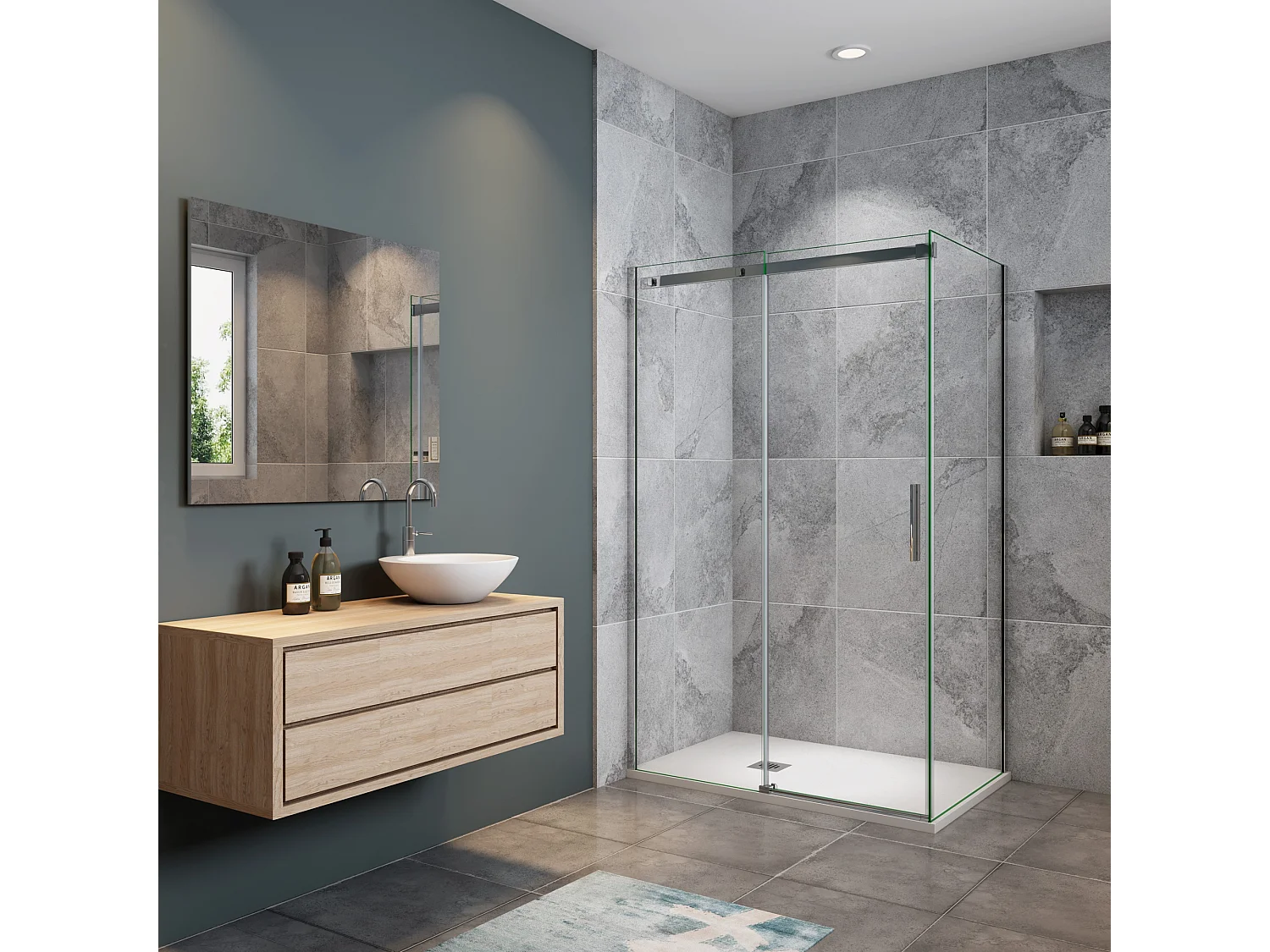 130x195cm Schuifbare douchecabine met zijwand 90cm,6mm helder glas,profiel van glanzend chroom.