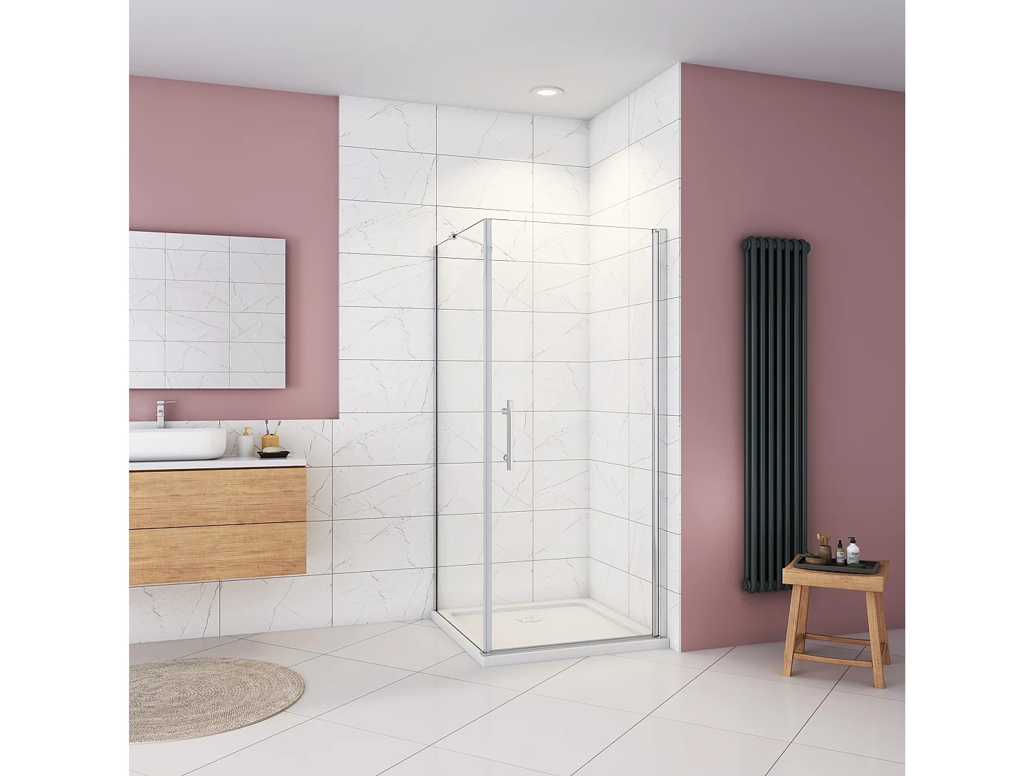 Douchecabine 80x80x185cm,draaideur+zijwand,6mm NANO EasyClean veiligheidsglas,45cm Stabilisatiestang (draaibaar),profiel van glanzend chroom.