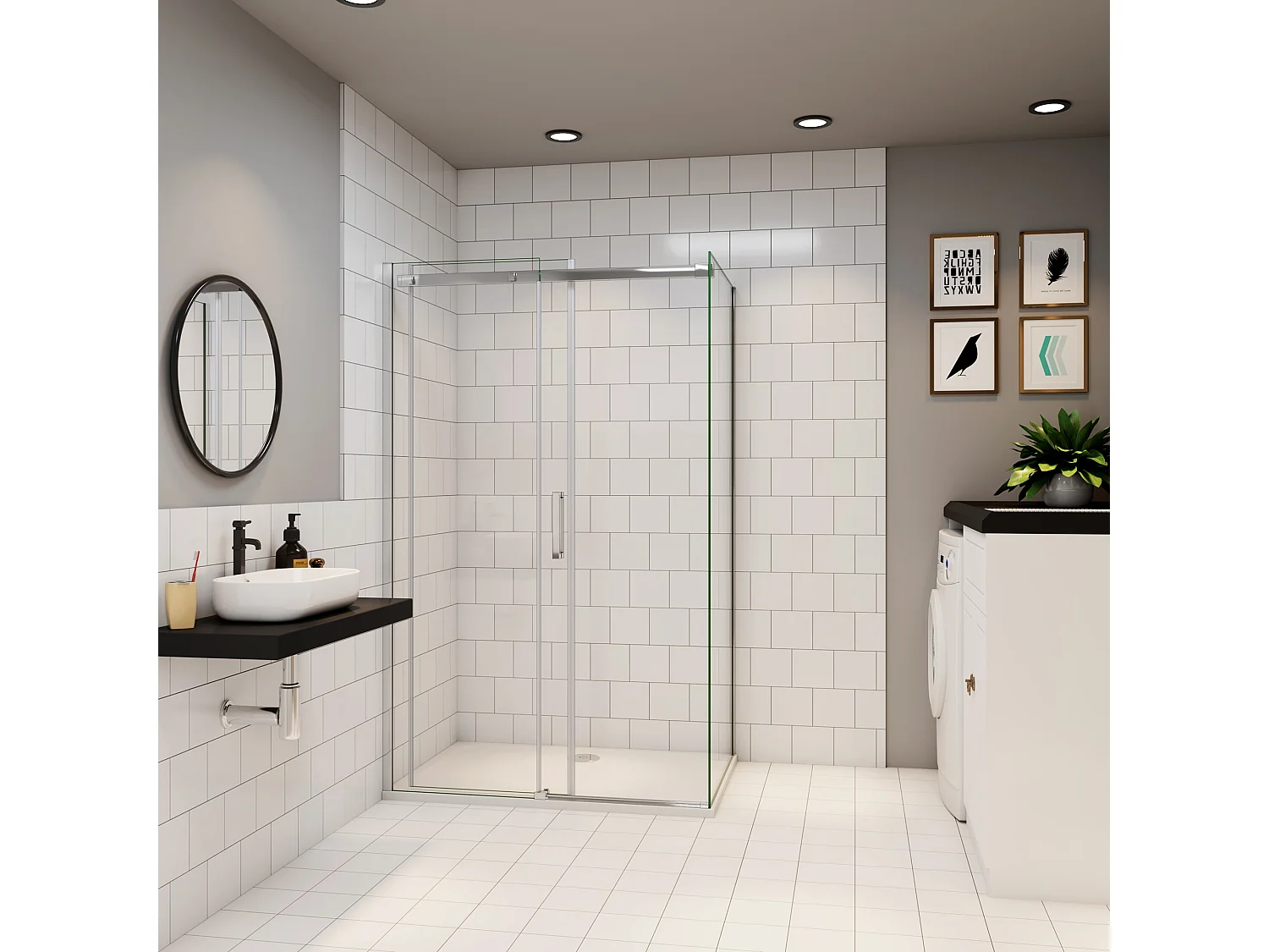 Schuifbare douchecabine met zijwand,8mm helder antikalk NANO glas,100cm(breedte)x90cm(zijwand)x195cm(hoogte),profiel van glanzend chroom.