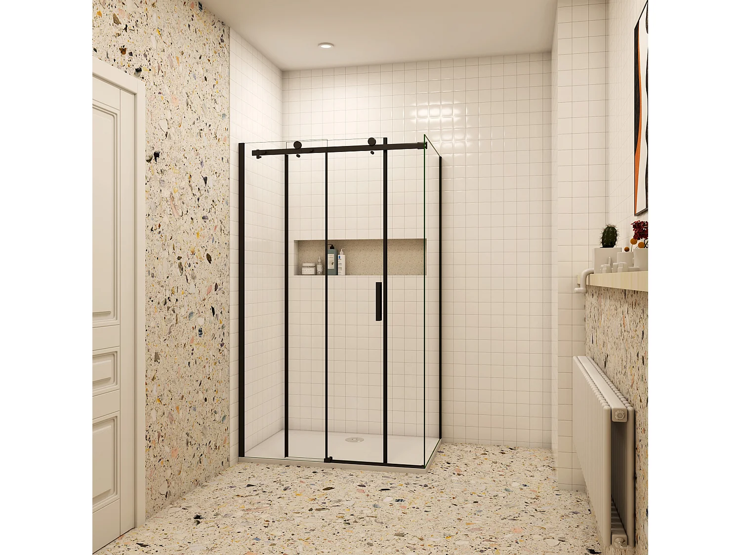 Schuifbare douchecabine 120x195cm met zijwand 90x195cm,8mm helder antikalk NANO glas,Mat Zwart Profiel