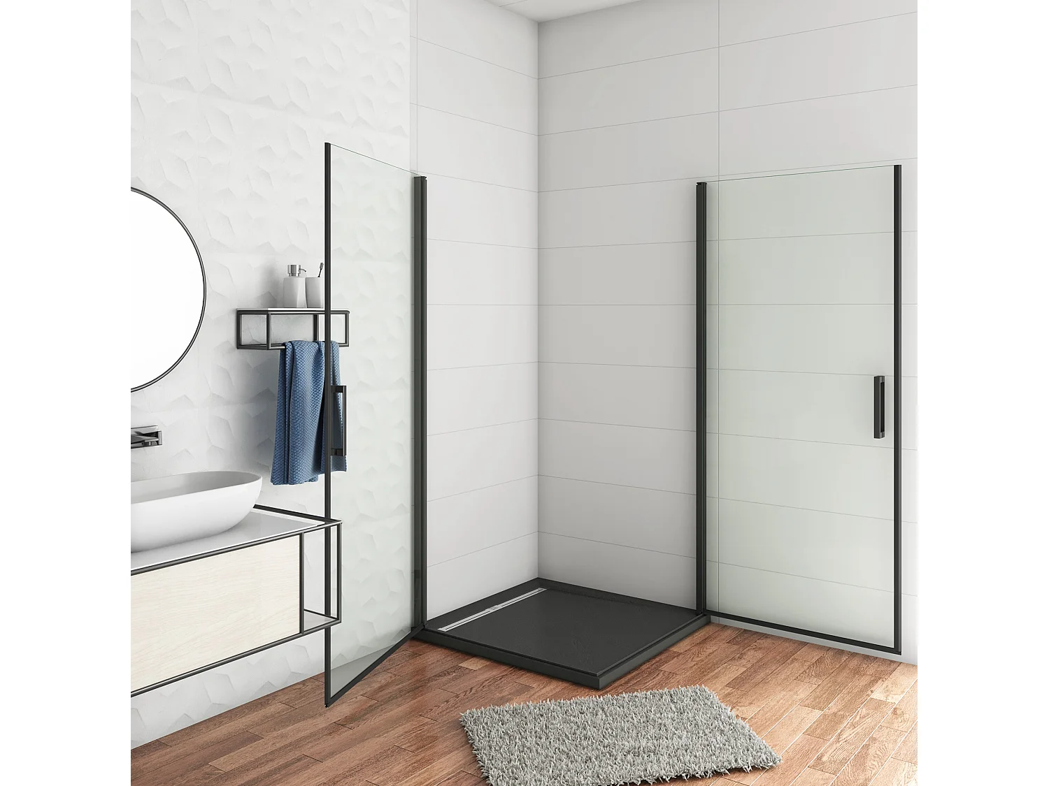 80x100x200cm Douchecabine met dubbele draaideur,8mm NANO helder veiligheidsglas,mat zwarte aluminium frame