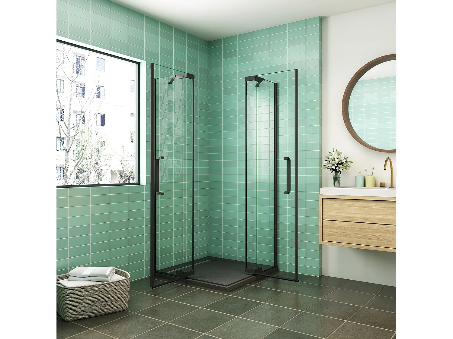 80x80x195cm Douchecabine Hoekinstap Draaideur Antikalk Helder Glas 8mm Veiligheidsglas Mat Zwart Profiel