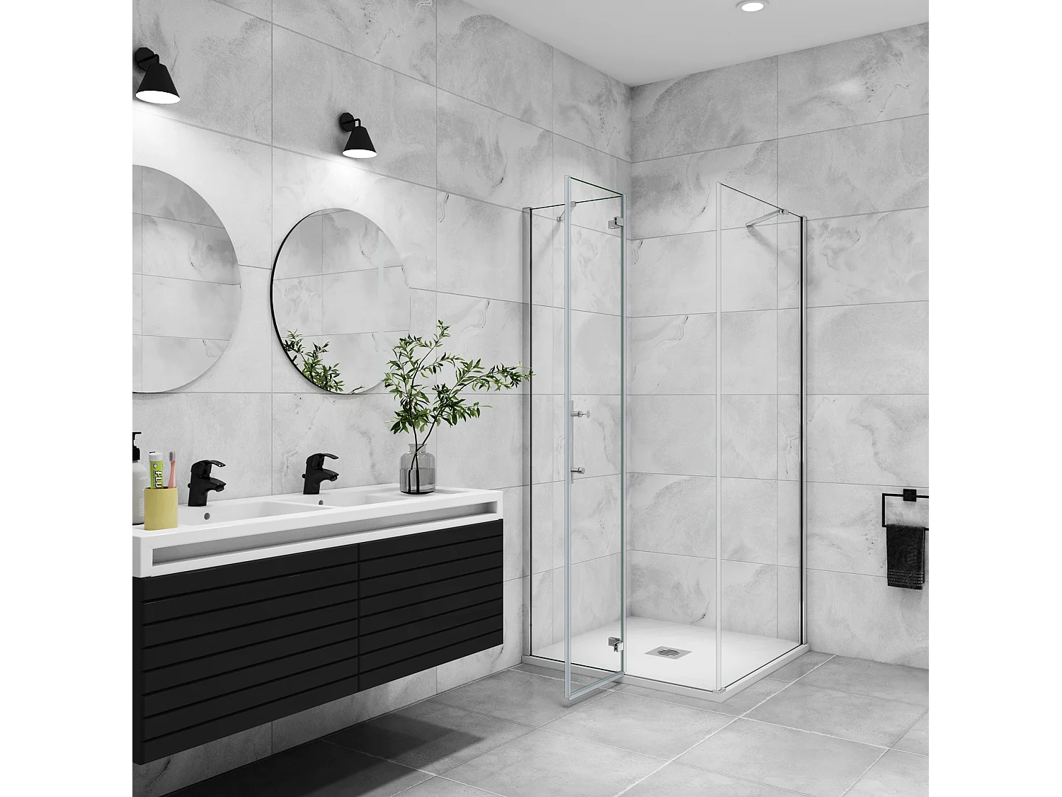 B:90xD:90xH:195 cm Douchecabine,draaideur + zijpanelen,6mm helder EasyClean veiligheidsglas,50cm Stabilisatorstang,glanzend chroom profiel.