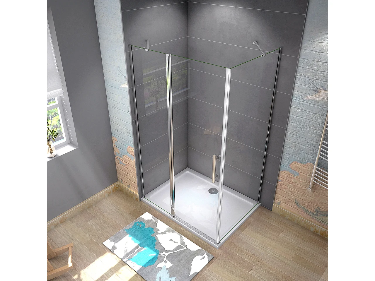 80x80x195cm Douchecabine draaideur+zijwand,6 mm NANO EasyClean veiligheidsglas,45cm Stabilisatiestang (draaibaar),profiel van glanzend chroom.