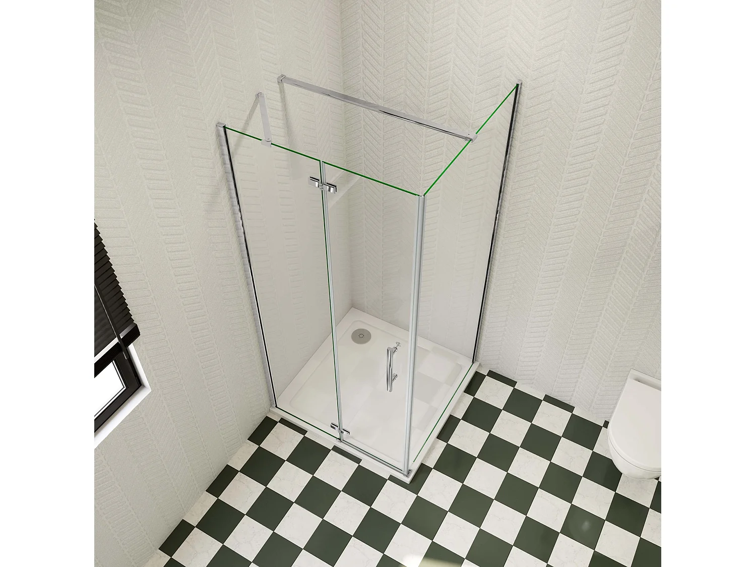 Douchecabine met vouwdeur en vaste zijwand,6mm NANO EasyClean veiligheidsglas,B:120xD:80xH:185cm,140cm Stabilisatiestang,chroom