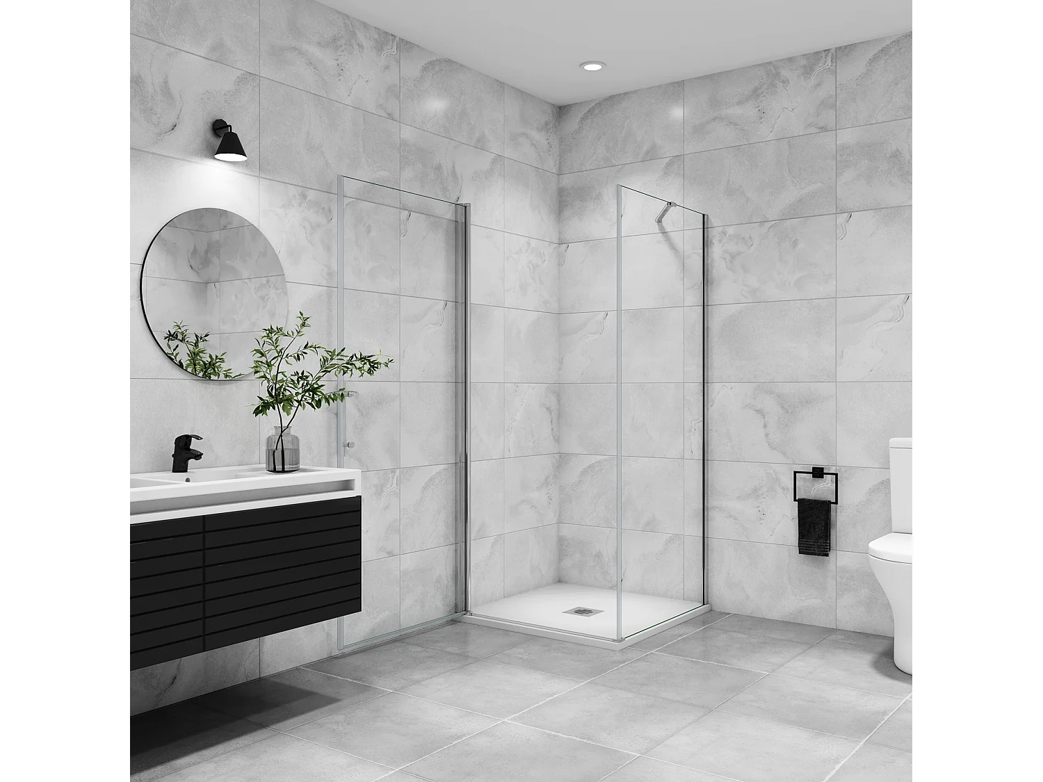 B:70xD:80x197cm Douchecabine met draaideur+zijwand,6mm EasyClean veiligheidsglas,45 cm Stabilisatiestang (draaibaar),profiel van glanzend chroom