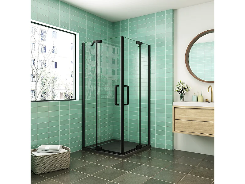 80x90x195cm Douchecabine Hoekinstap Draaideur Antikalk Helder Glas 8mm Veiligheidsglas Mat Zwart Profiel