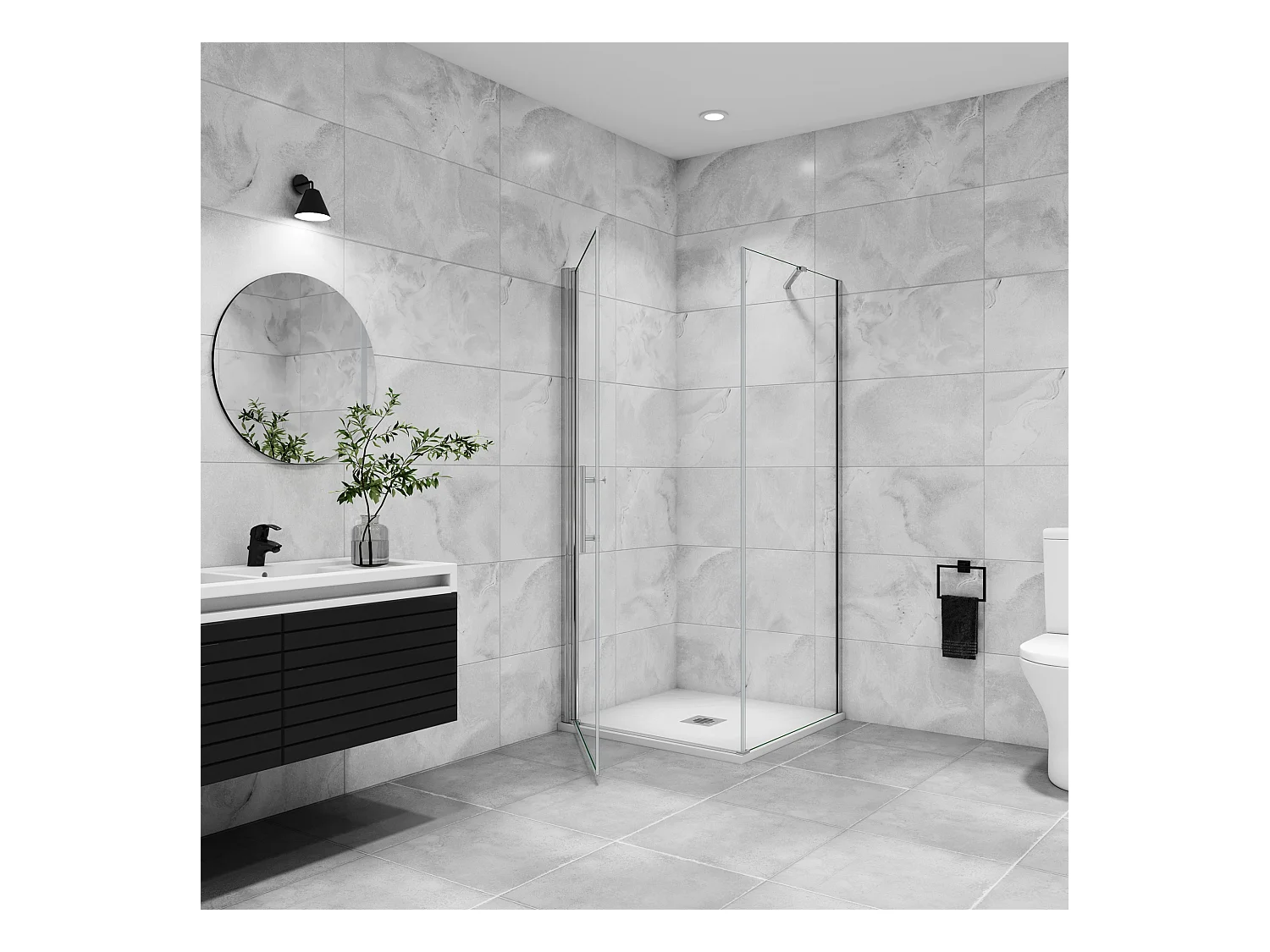 B:100xD:90x197cm Douchecabine met draaideur+zijwand,6mm EasyClean veiligheidsglas,45 cm Stabilisatiestang (draaibaar),profiel van glanzend chroom