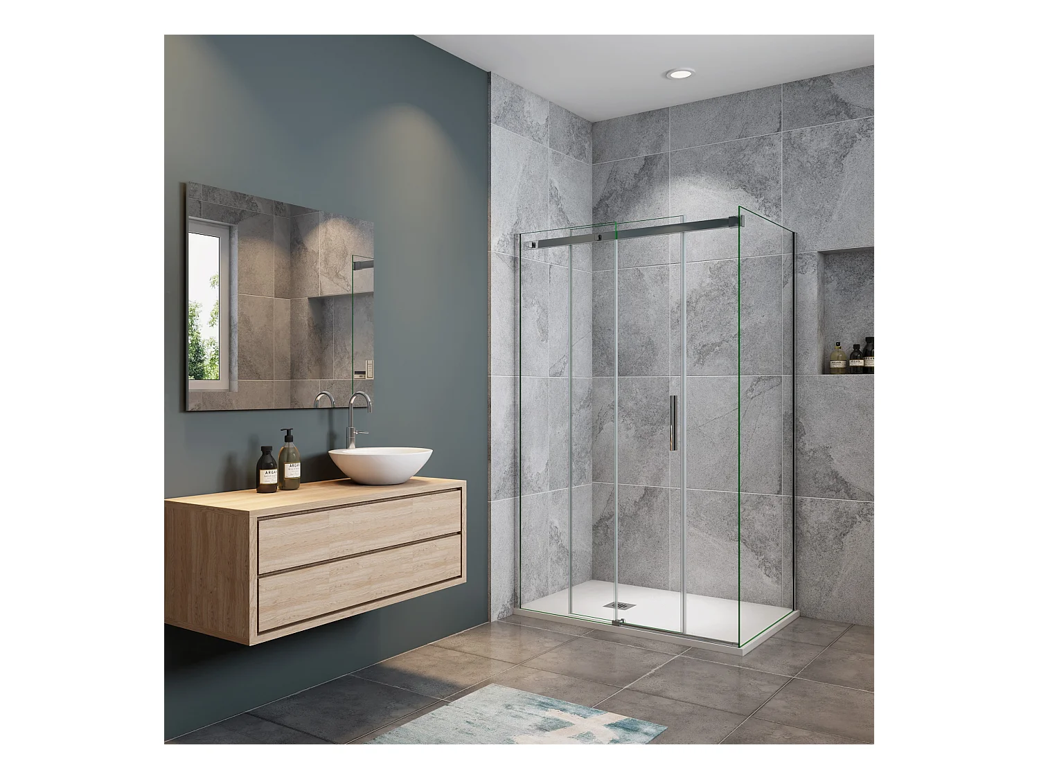 100x195cm Schuifbare douchecabine met zijwand 90cm,6mm helder glas,profiel van glanzend chroom.