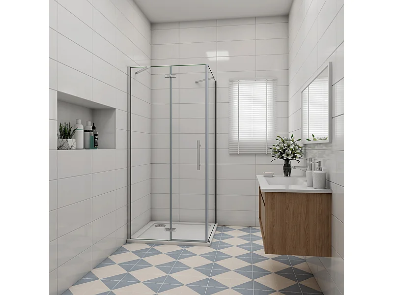 Douchecabine met vouwdeur en vaste zijwand,6mm NANO EasyClean veiligheidsglas,B:90xD:76xH:185cm,50cm Stabilisatiestang,chroom