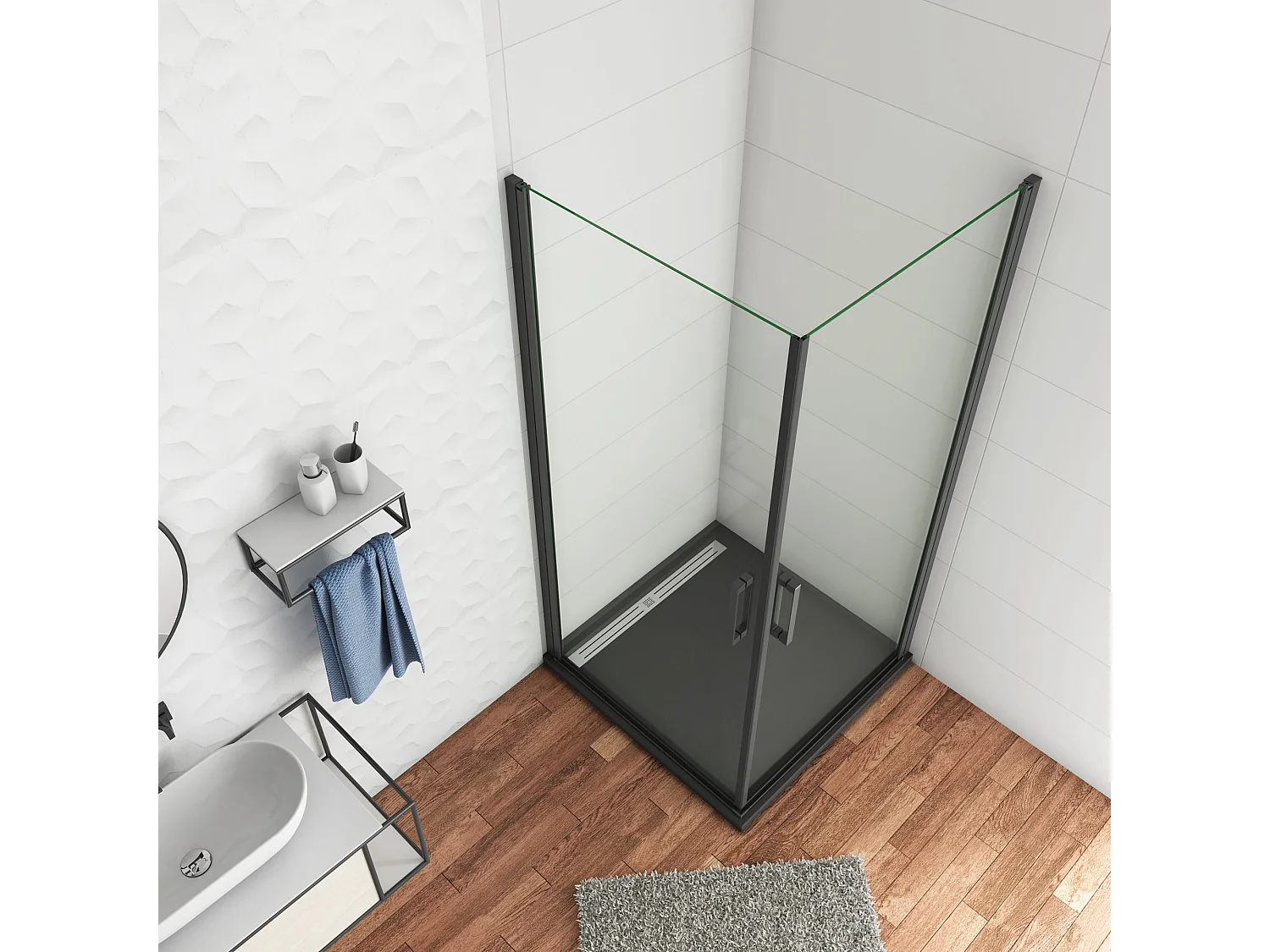 80x80x200cm Douchecabine met dubbele draaideur,8mm NANO helder veiligheidsglas,mat zwarte aluminium frame