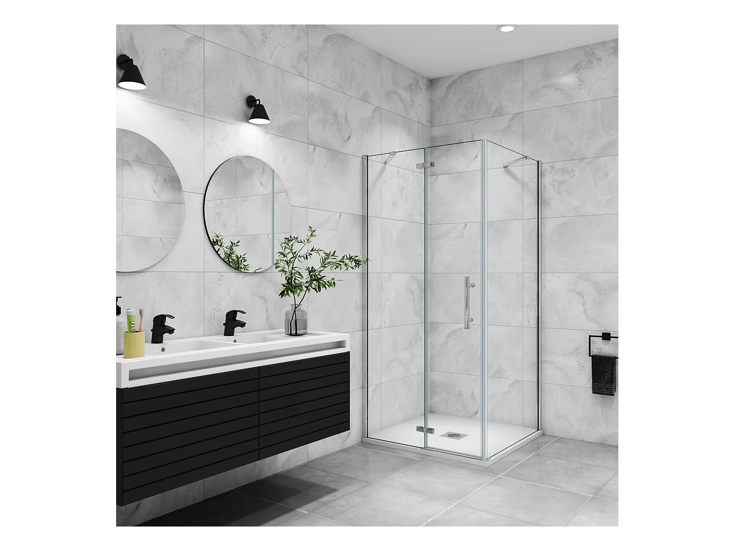 B:90xD:80xH:195 cm Douchecabine,draaideur + zijpanelen,6mm helder EasyClean veiligheidsglas,50cm Stabilisatorstang,glanzend chroom profiel.