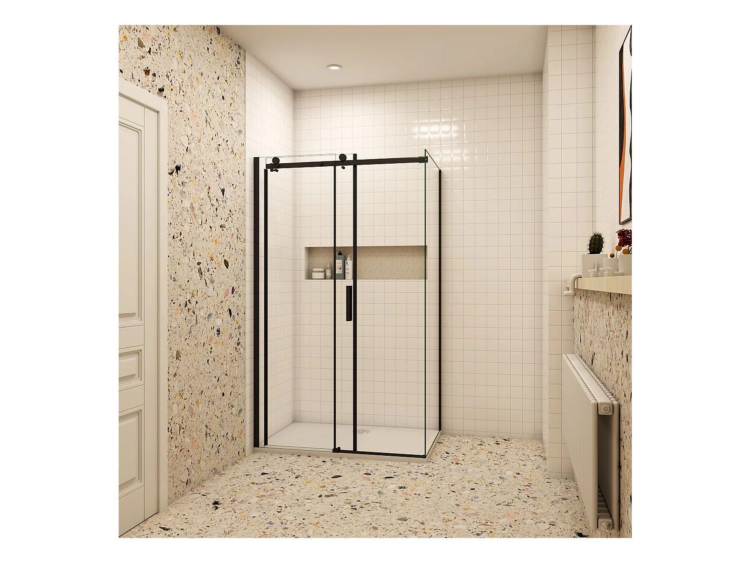 Schuifbare douchecabine 140x195cm met zijwand 80x195cm,8mm helder antikalk NANO glas,Mat Zwart Profiel