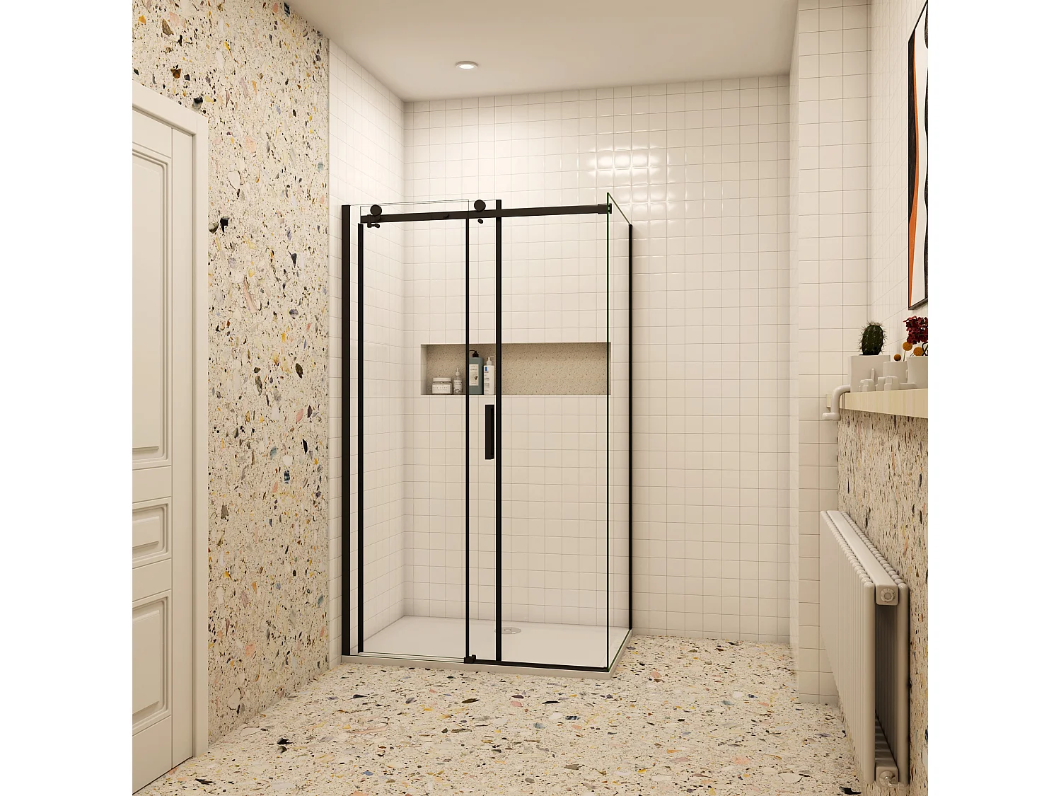 Schuifbare douchecabine 140x195cm met zijwand 80x195cm,8mm helder antikalk NANO glas,Mat Zwart Profiel