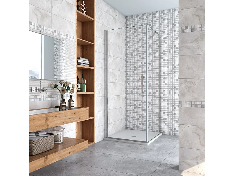 Douchecabine 70x100x185cm,draaideur+zijwand,6mm NANO EasyClean veiligheidsglas,50cm Stabilisatiestang (draaibaar),profiel van glanzend chroom.