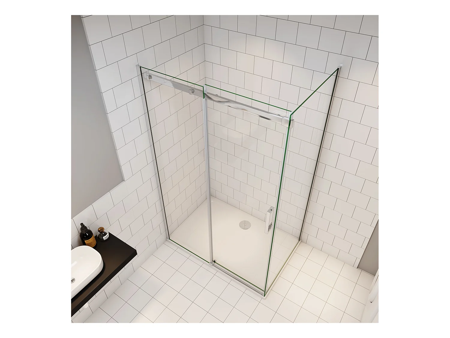 Schuifbare douchecabine met zijwand,8mm helder antikalk NANO glas,120cm(breedte)x70cm(zijwand)x195cm(hoogte),profiel van glanzend chroom.
