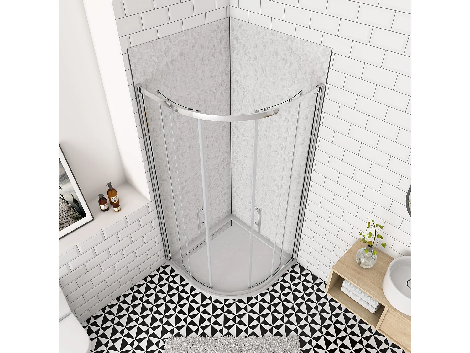 Douchecabine kwartrond schuifdeur 80x80cm,185cm hoog,6mm helder antikalk NANO glas,glanzend chroom profiel