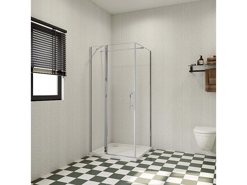 90x80x195cm Douchecabine draaideur+zijwand,6 mm NANO EasyClean veiligheidsglas,73-120 cm Stabilisatiestang (inkortbaar),profiel van glanzend chroom.