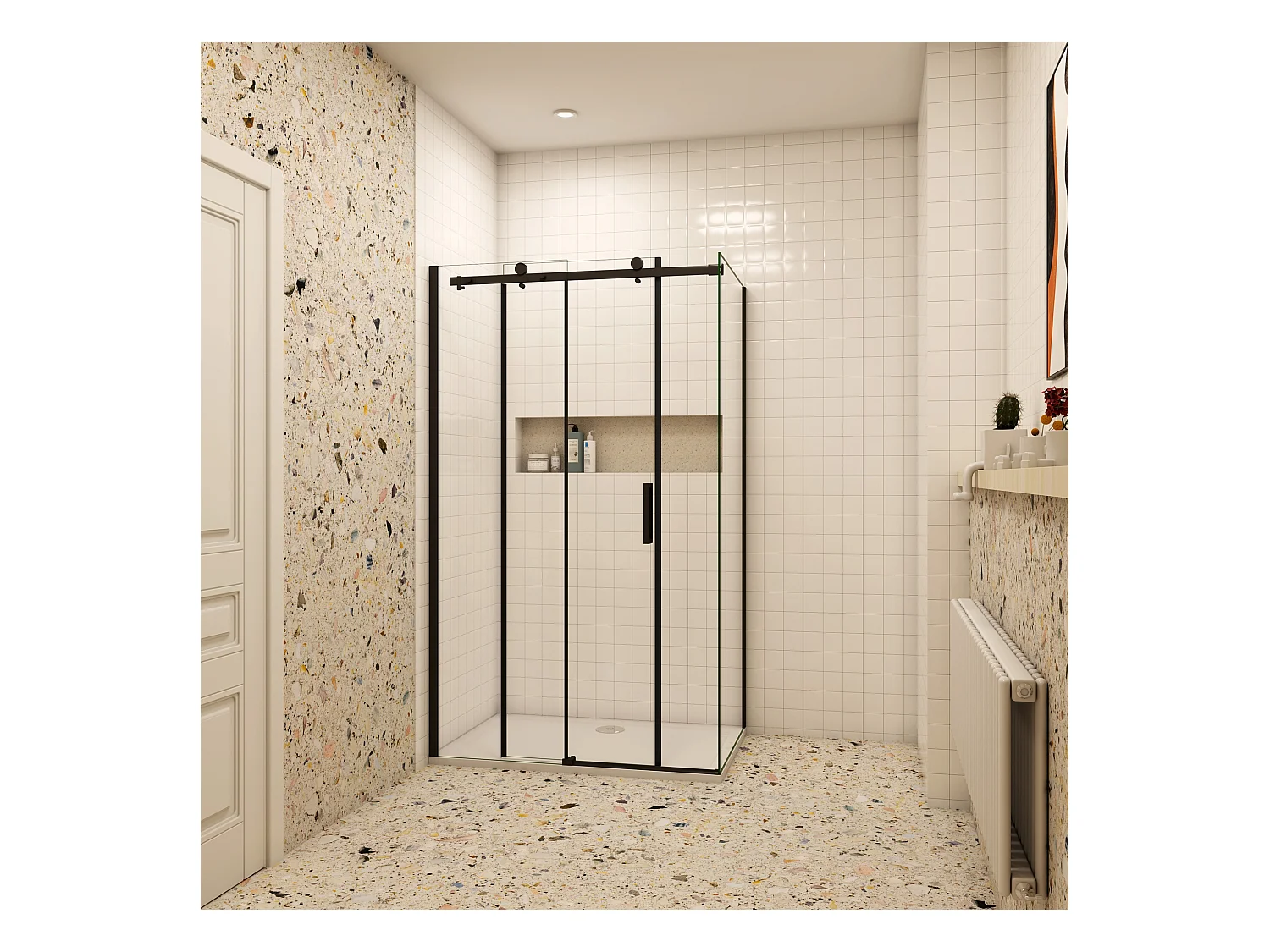 Schuifbare douchecabine 140x195cm met zijwand 90x195cm,8mm helder antikalk NANO glas,Mat Zwart Profiel