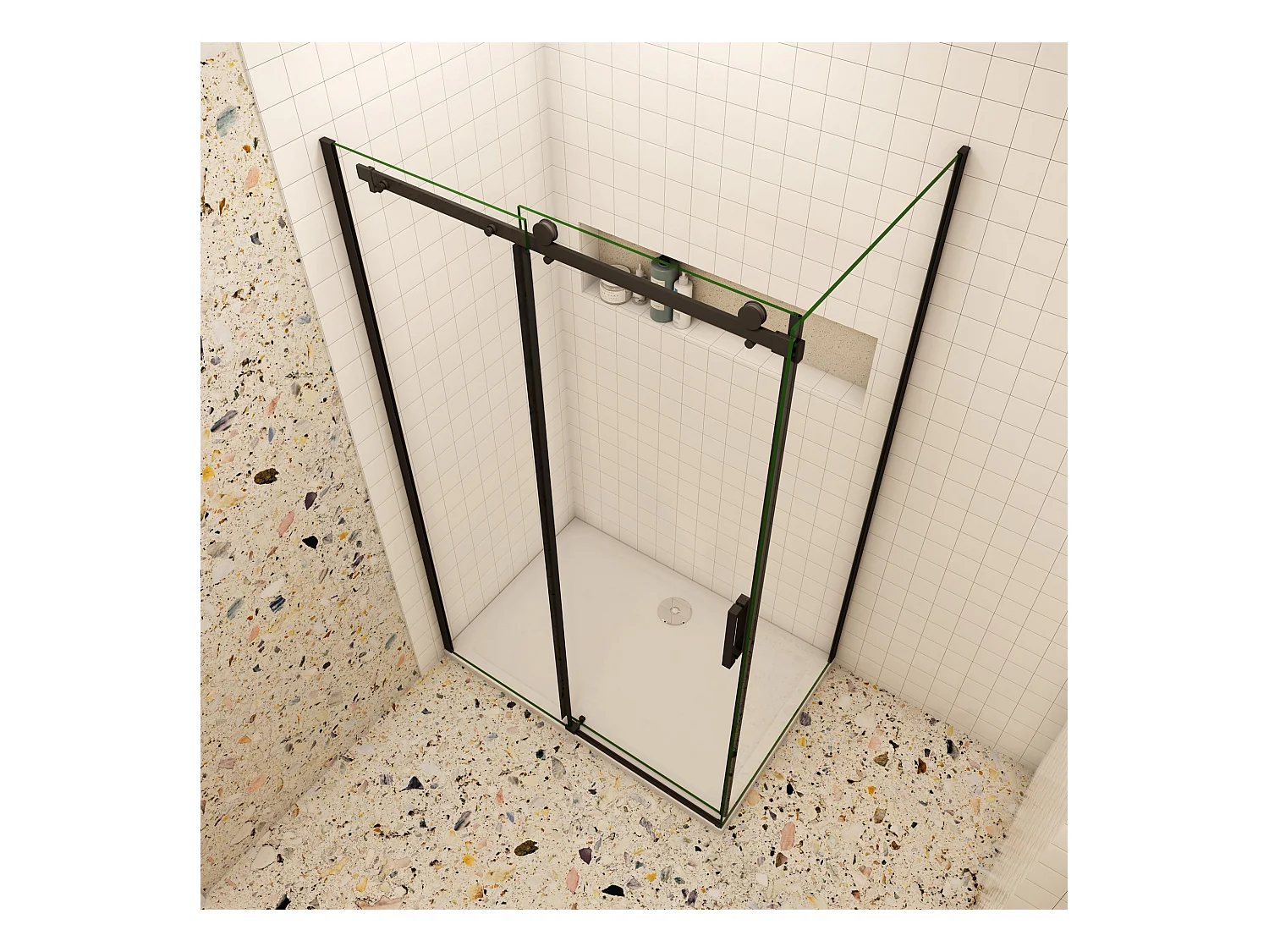 Schuifbare douchecabine 140x195cm met zijwand 90x195cm,8mm helder antikalk NANO glas,Mat Zwart Profiel