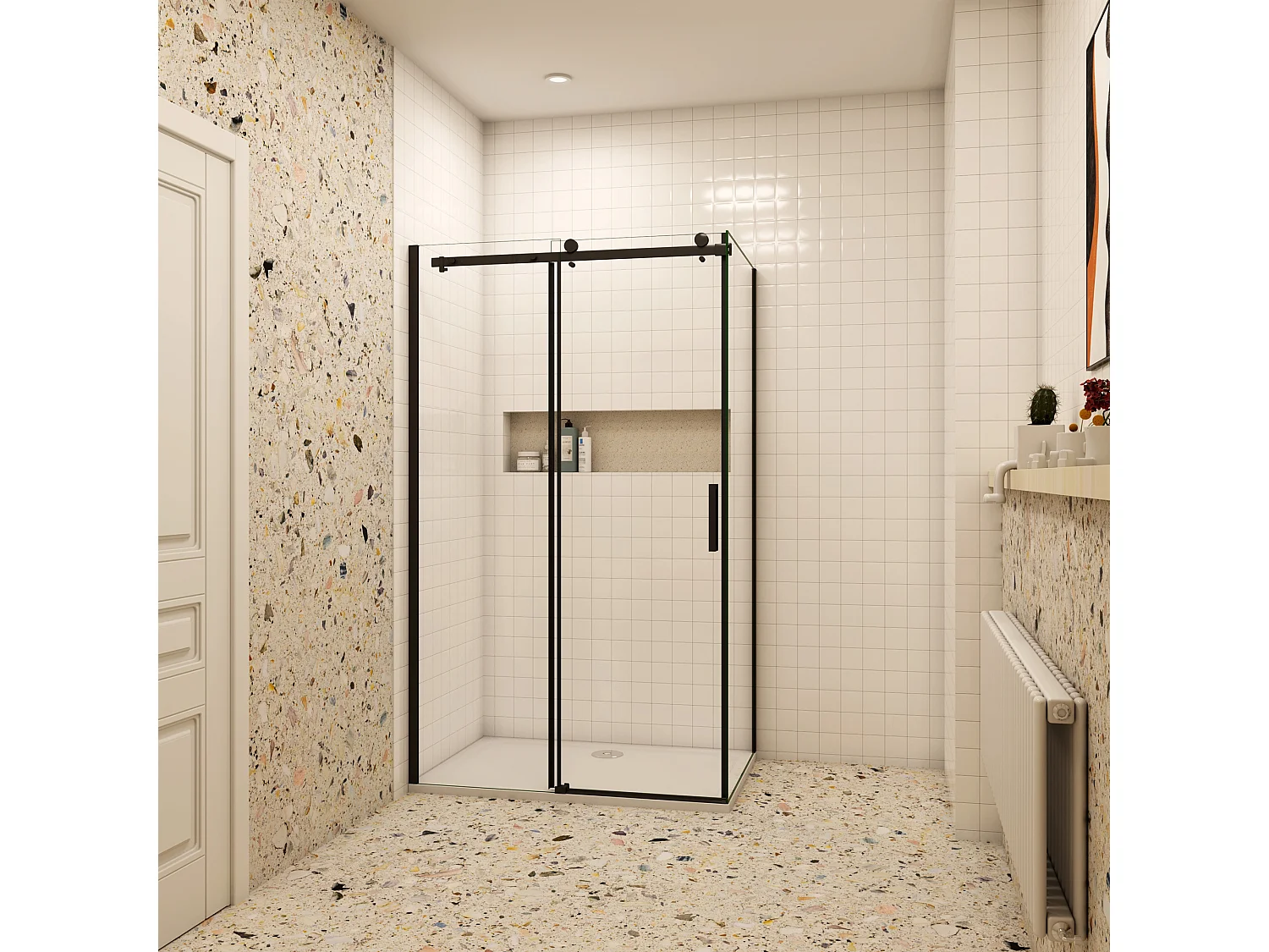 Schuifbare douchecabine 140x195cm met zijwand 90x195cm,8mm helder antikalk NANO glas,Mat Zwart Profiel