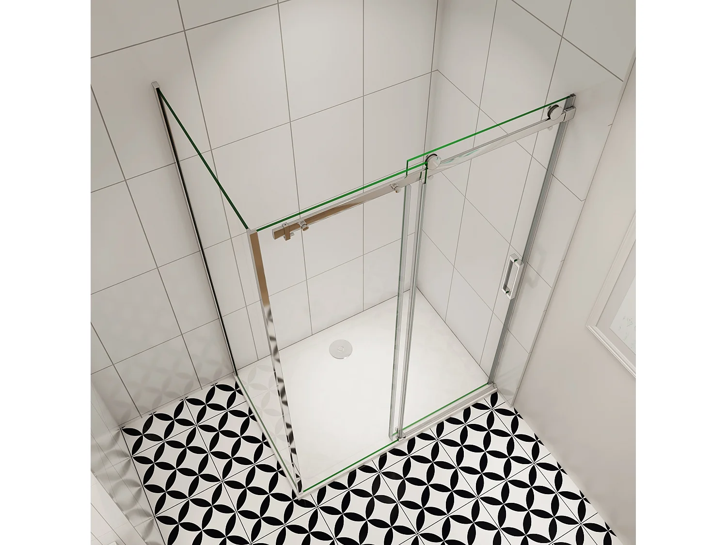 Schuifbare douchecabine 135x195cm met zijwand 90x195cm,8mm helder antikalk NANO glas,profiel van glanzend chroom.