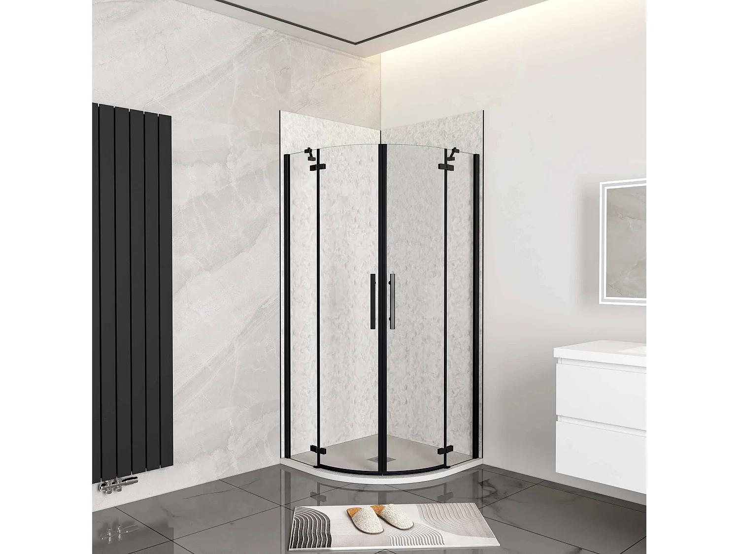 80x80x195cm Kwartronde douchecabine,dubbele draaideur,hoek-instap douchecabine,6mm helder veiligheidsglas,antikalk,mat zwarte frame,inclusief douchebak