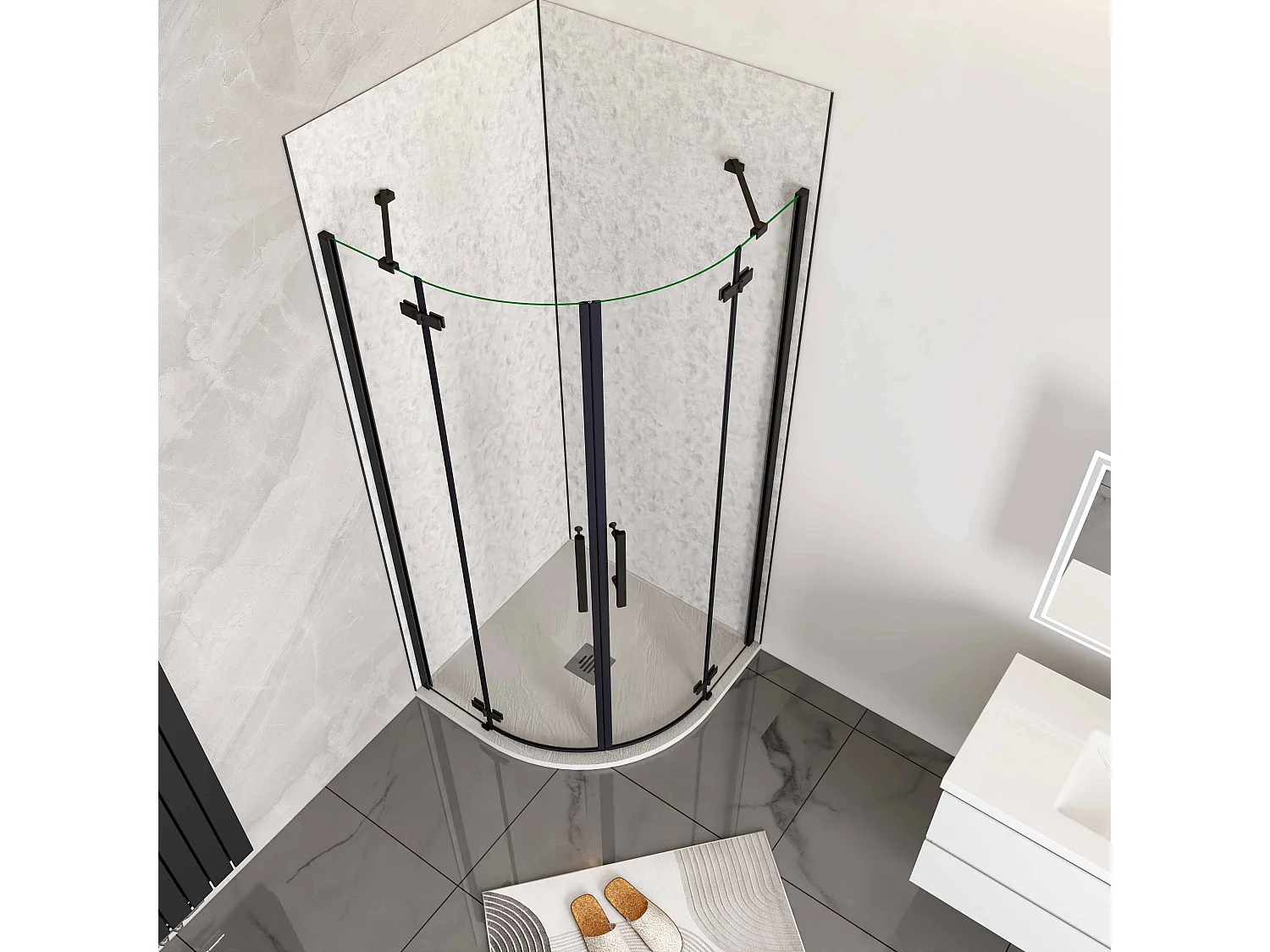 80x80x195cm Kwartronde douchecabine,dubbele draaideur,hoek-instap douchecabine,6mm helder veiligheidsglas,antikalk,mat zwarte frame,inclusief douchebak