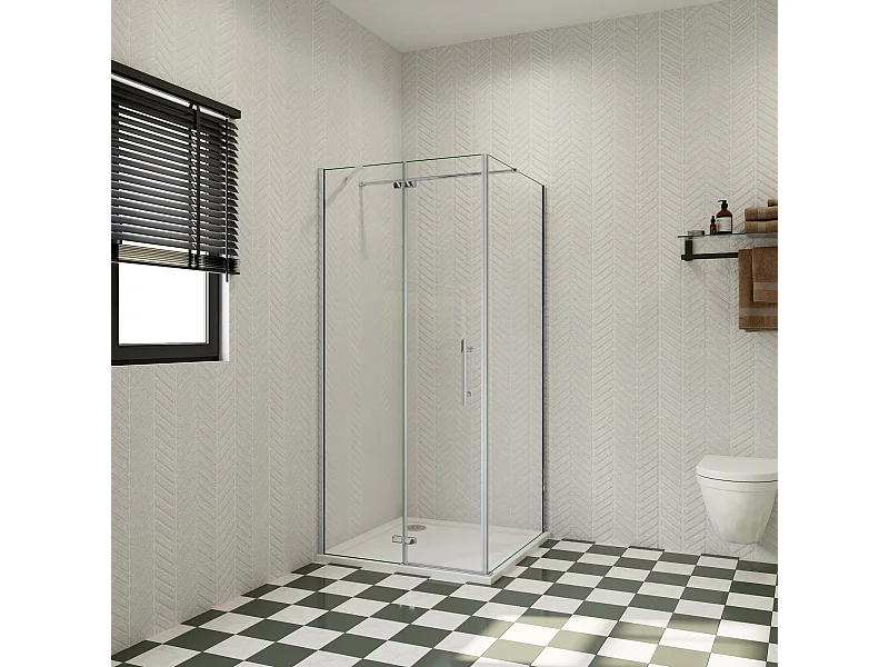 Douchecabine met vouwdeur en vaste zijwand,6mm NANO EasyClean veiligheidsglas,B:80xD:90xH:185cm,90cm Stabilisatiestang,chroom