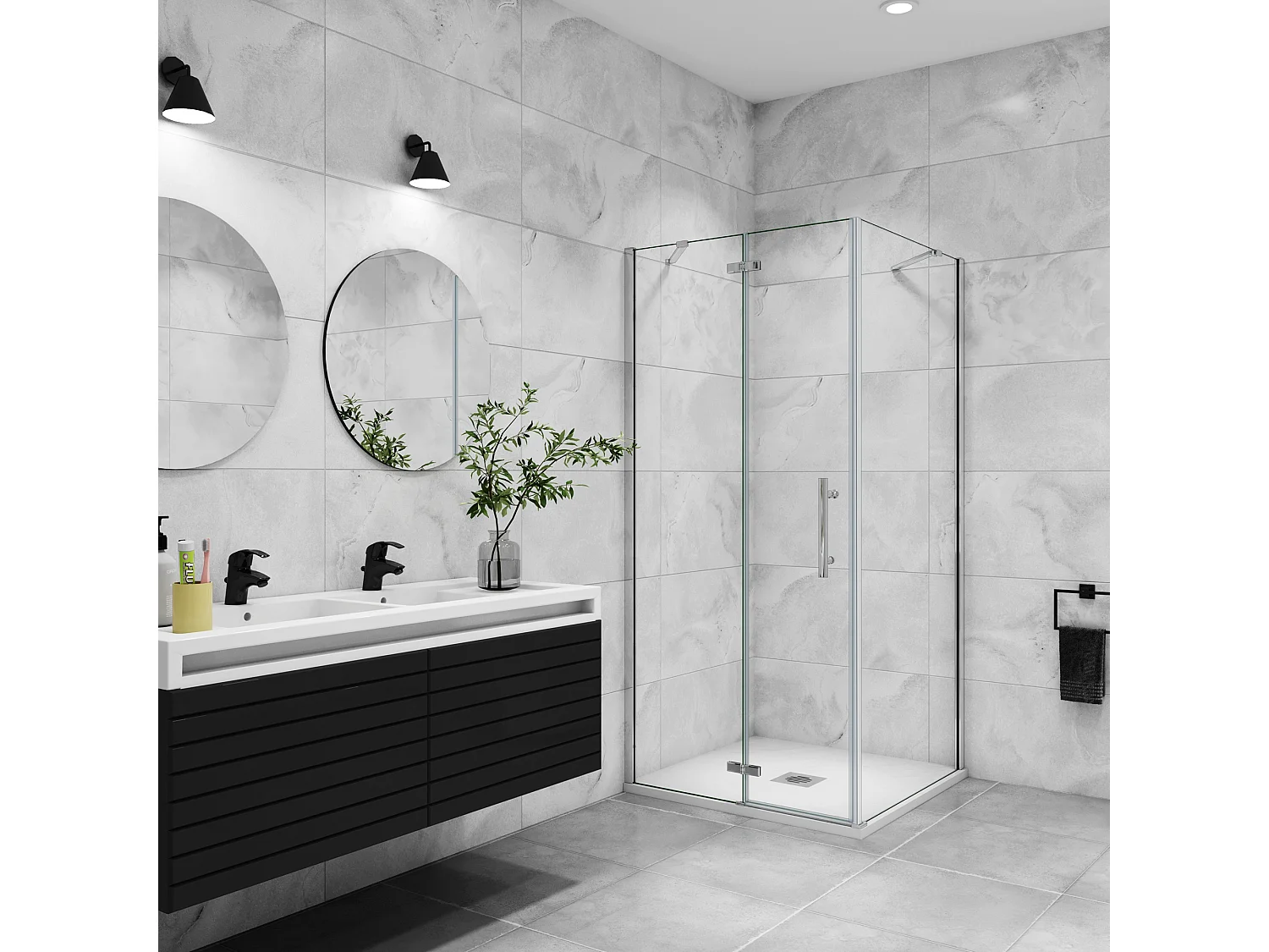 B:90xD:76xH:195 cm Douchecabine,draaideur + zijpanelen,6mm helder EasyClean veiligheidsglas,50cm Stabilisatorstang,glanzend chroom profiel.