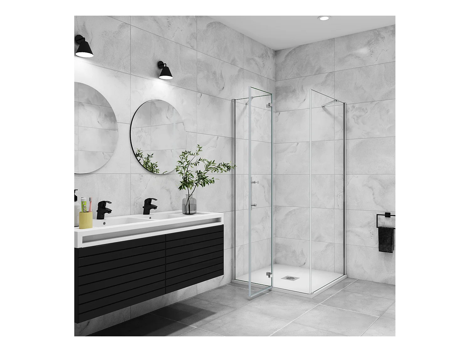 B:120xD:76xH:195 cm Douchecabine,draaideur + zijpanelen,6mm helder EasyClean veiligheidsglas,50cm Stabilisatorstang,glanzend chroom profiel.