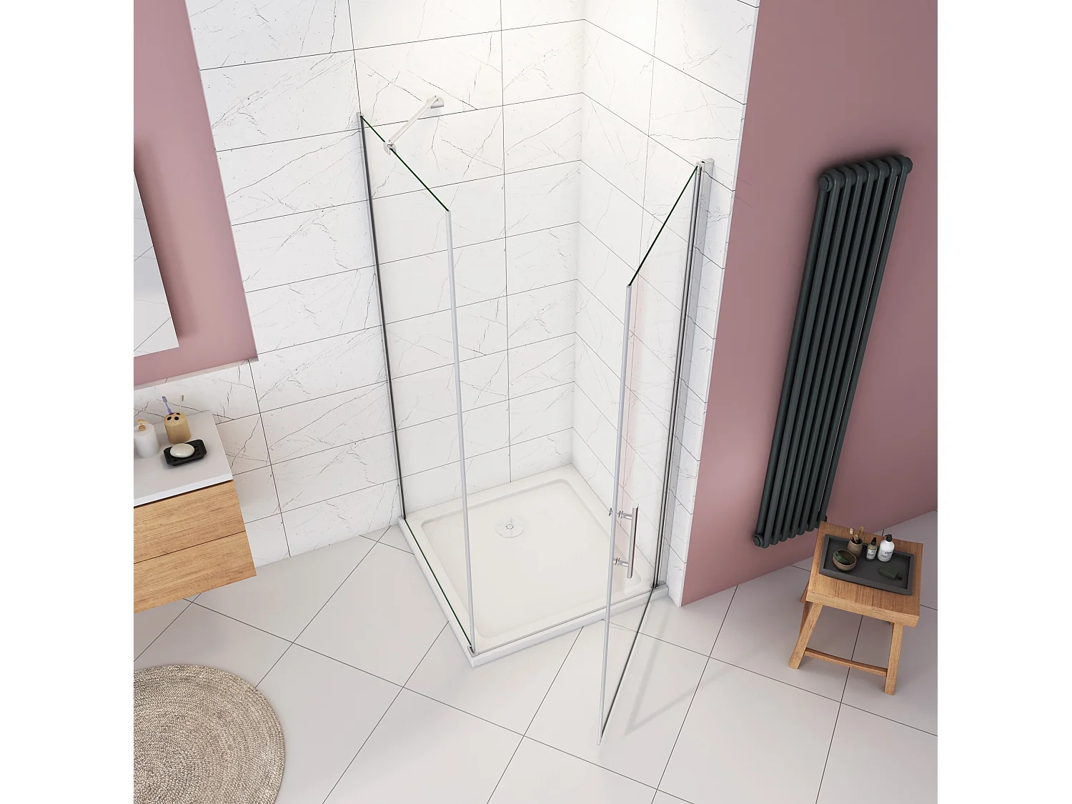 Douchecabine 90x80x195cm,draaideur+zijwand,6mm NANO EasyClean veiligheidsglas,45cm Stabilisatiestang (draaibaar),profiel van glanzend chroom.