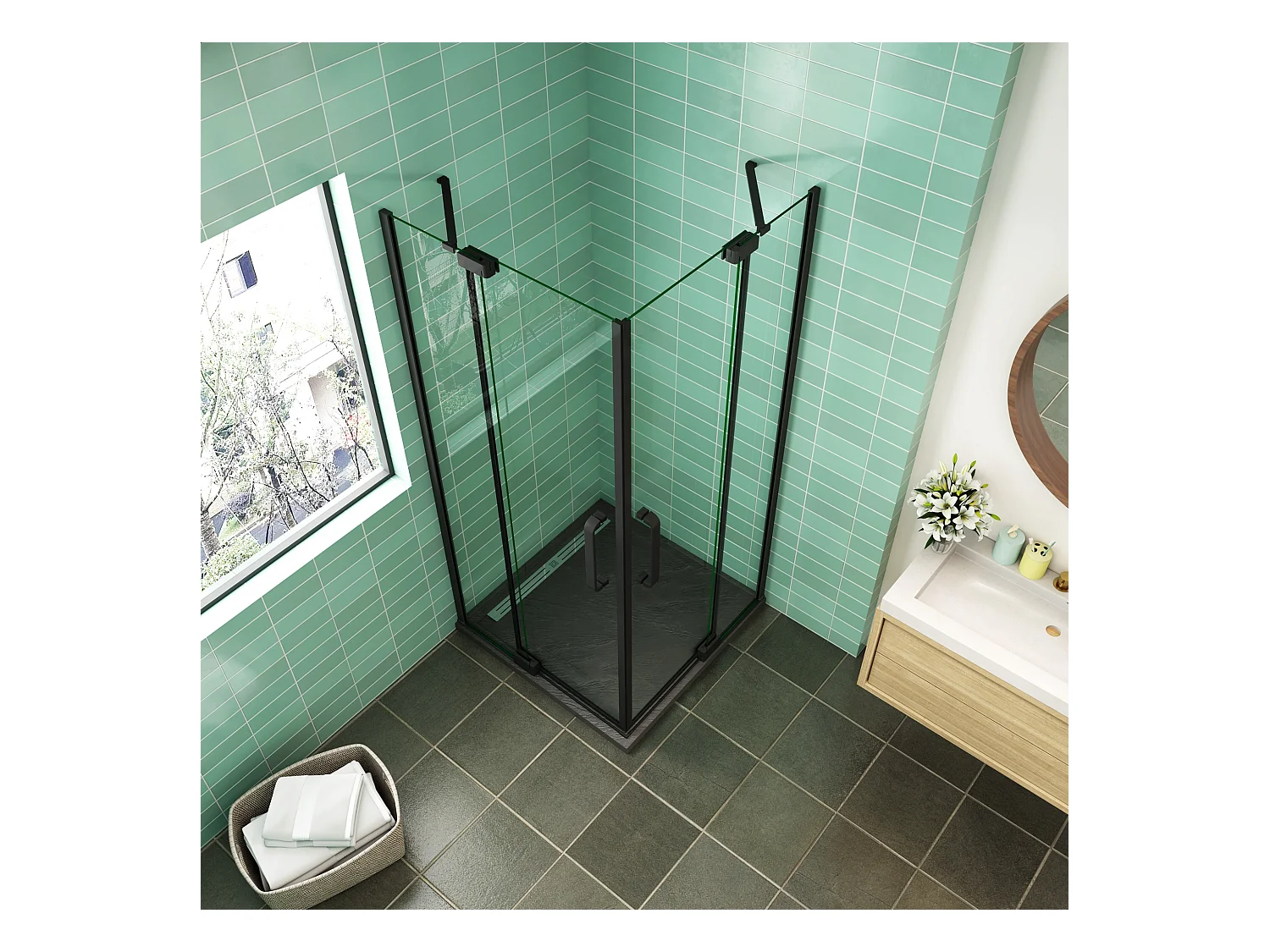 120x120x195cm Douchecabine Hoekinstap Draaideur Antikalk Helder Glas 8mm Veiligheidsglas Mat Zwart Profiel