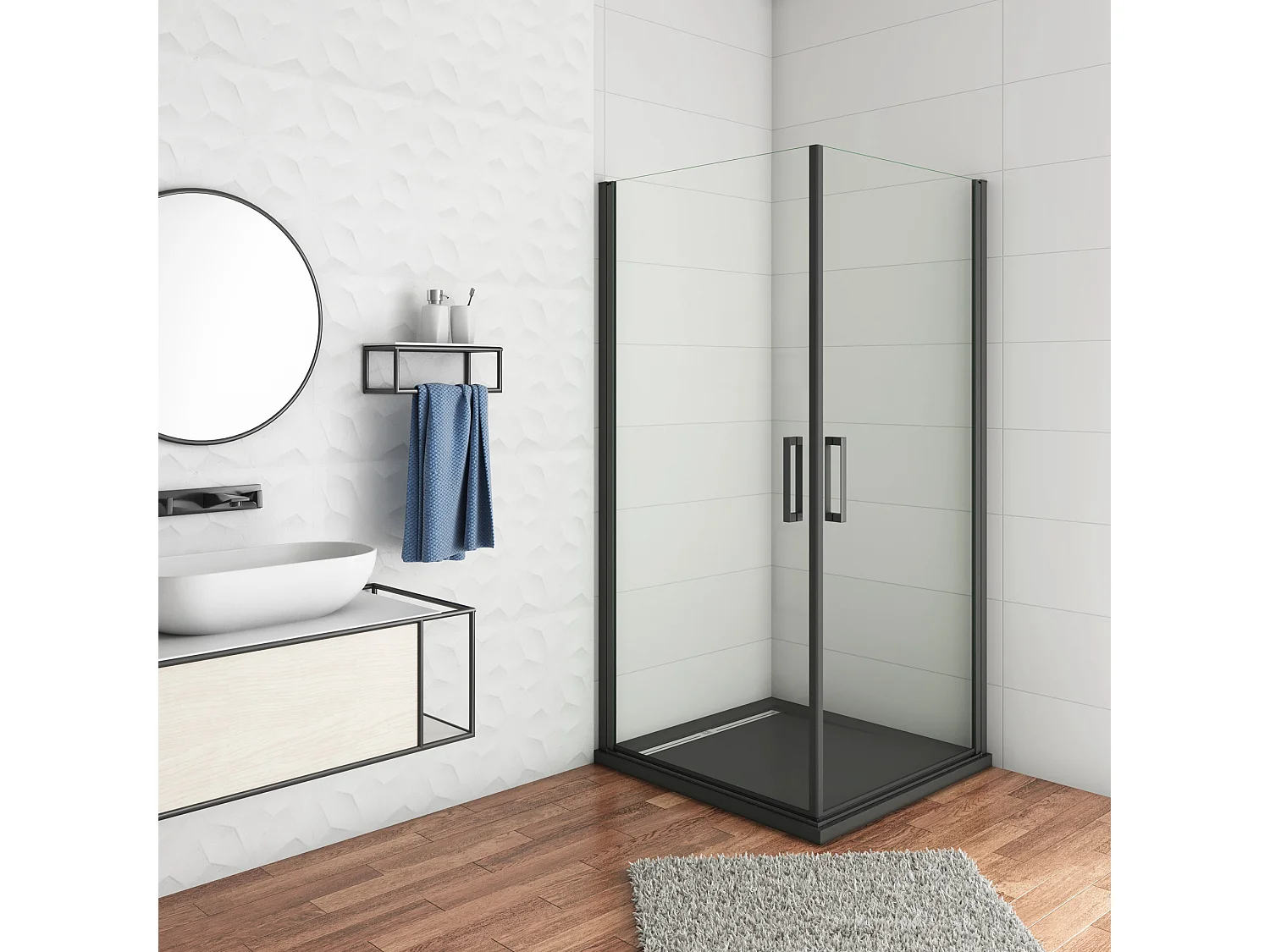 90x90x200cm Douchecabine met dubbele draaideur,8mm NANO helder veiligheidsglas,mat zwarte aluminium frame