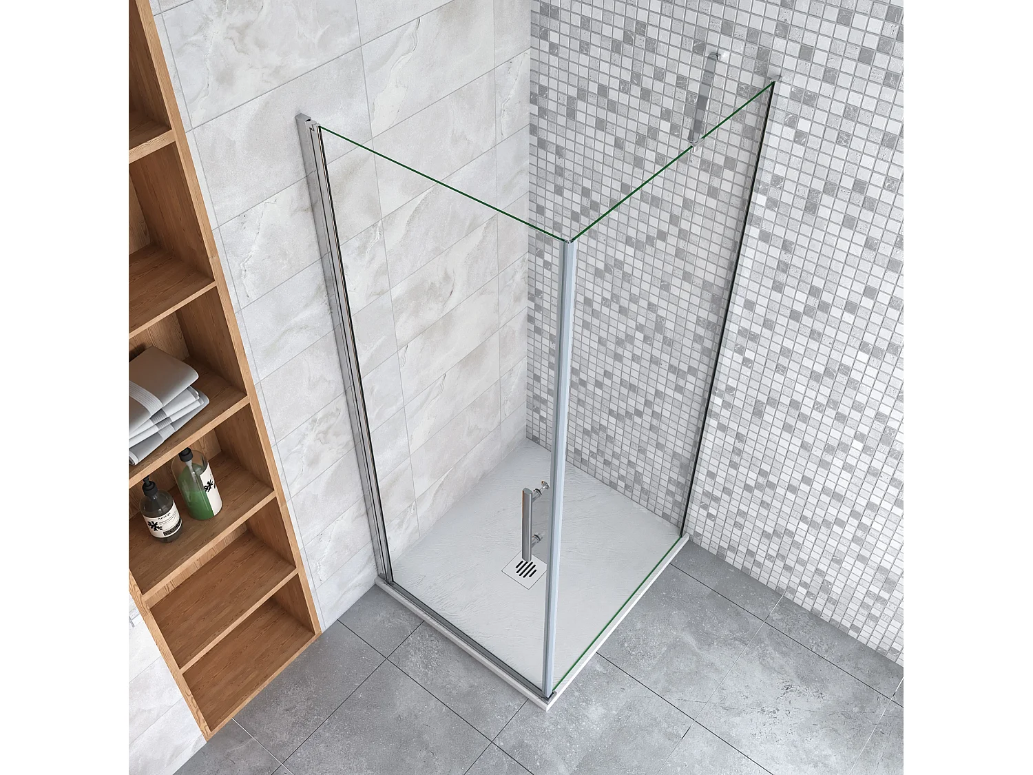 Douchecabine 80x90x185cm,draaideur+zijwand,6mm NANO EasyClean veiligheidsglas,50cm Stabilisatiestang (draaibaar),profiel van glanzend chroom.