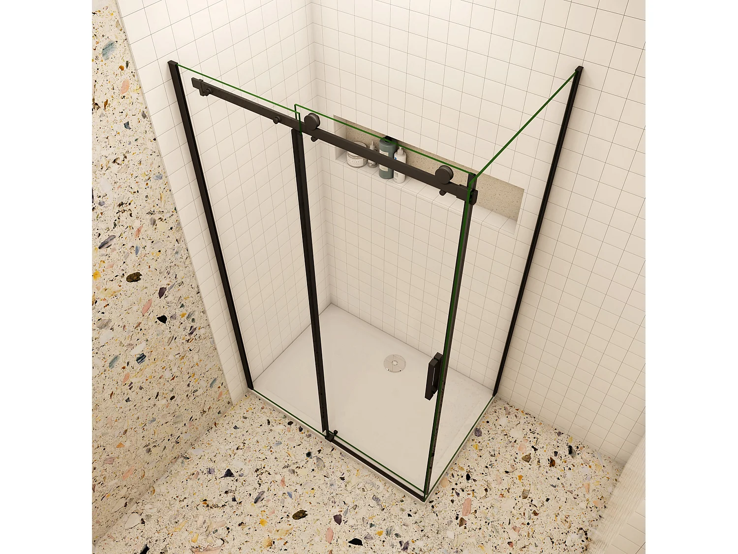 Schuifbare douchecabine 100x195cm met zijwand 90x195cm,8mm helder antikalk NANO glas,Mat Zwart Profiel