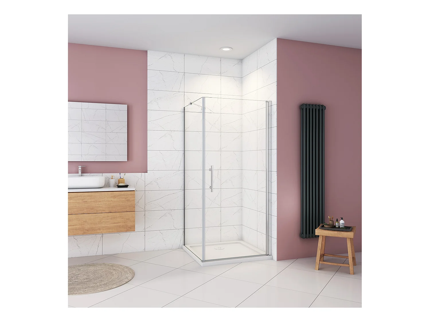 Douchecabine 80x76x185cm,draaideur+zijwand,6mm NANO EasyClean veiligheidsglas,45cm Stabilisatiestang (draaibaar),profiel van glanzend chroom.