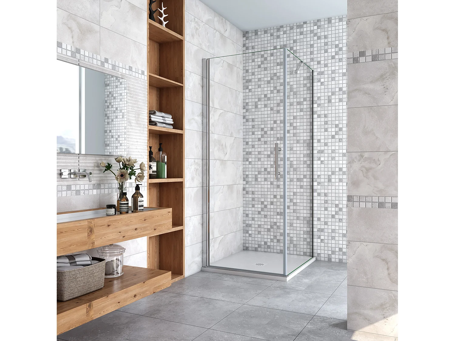 Douchecabine 76x76x185cm,draaideur+zijwand,6mm NANO EasyClean veiligheidsglas,50cm Stabilisatiestang (draaibaar),profiel van glanzend chroom.