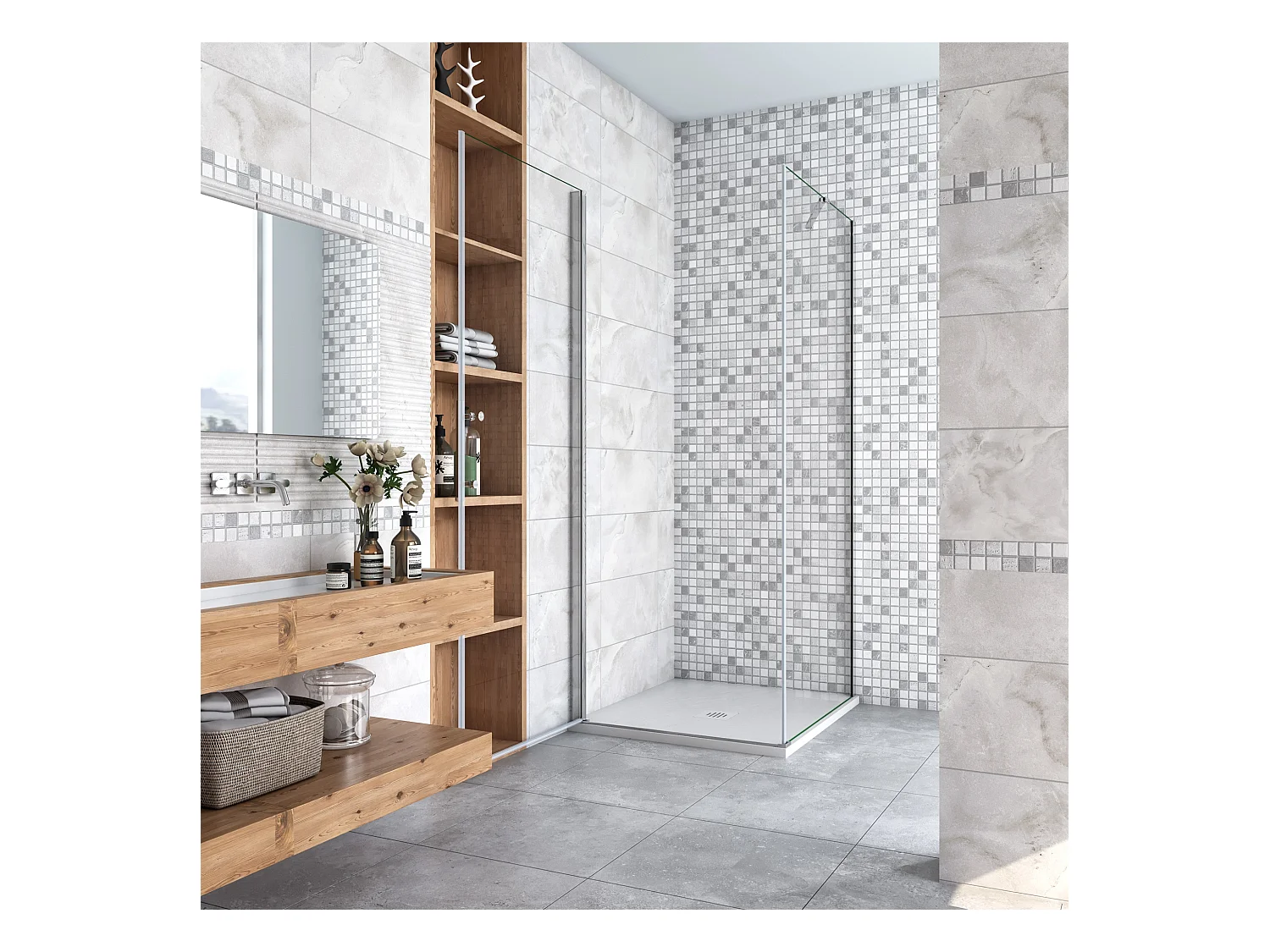 Douchecabine 70x80x195cm,draaideur+zijwand,6mm NANO EasyClean veiligheidsglas,50cm Stabilisatiestang (draaibaar),profiel van glanzend chroom.