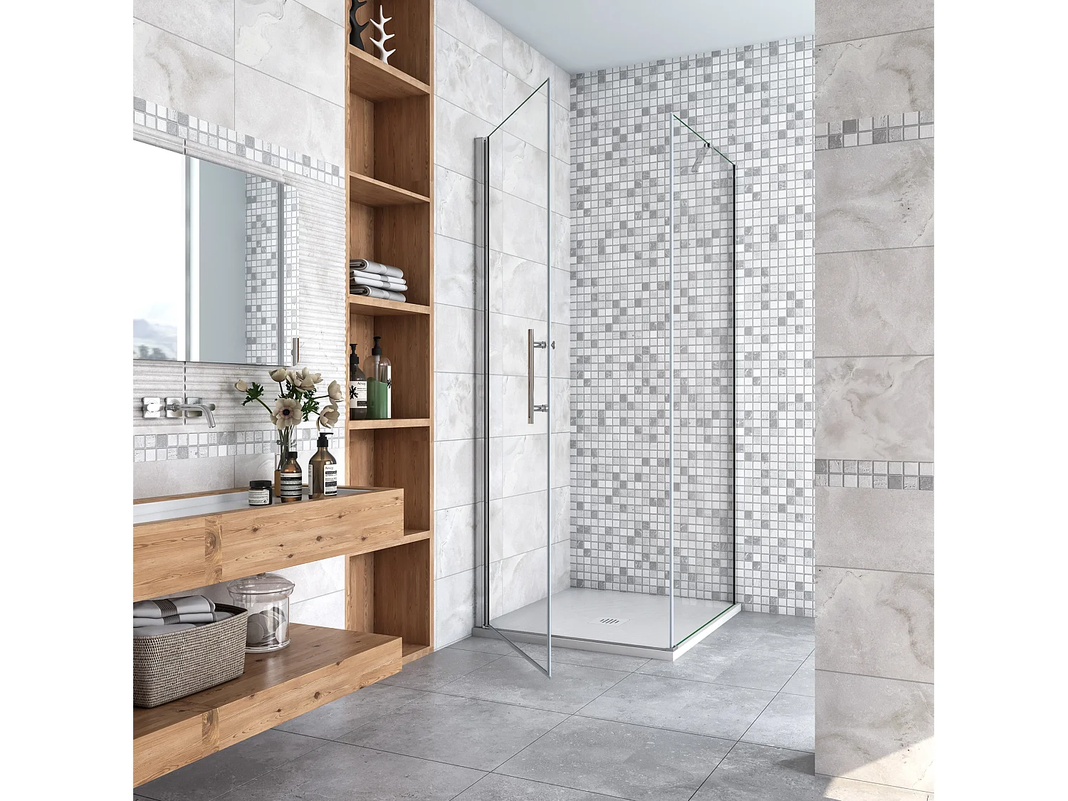 Douchecabine 70x80x195cm,draaideur+zijwand,6mm NANO EasyClean veiligheidsglas,50cm Stabilisatiestang (draaibaar),profiel van glanzend chroom.