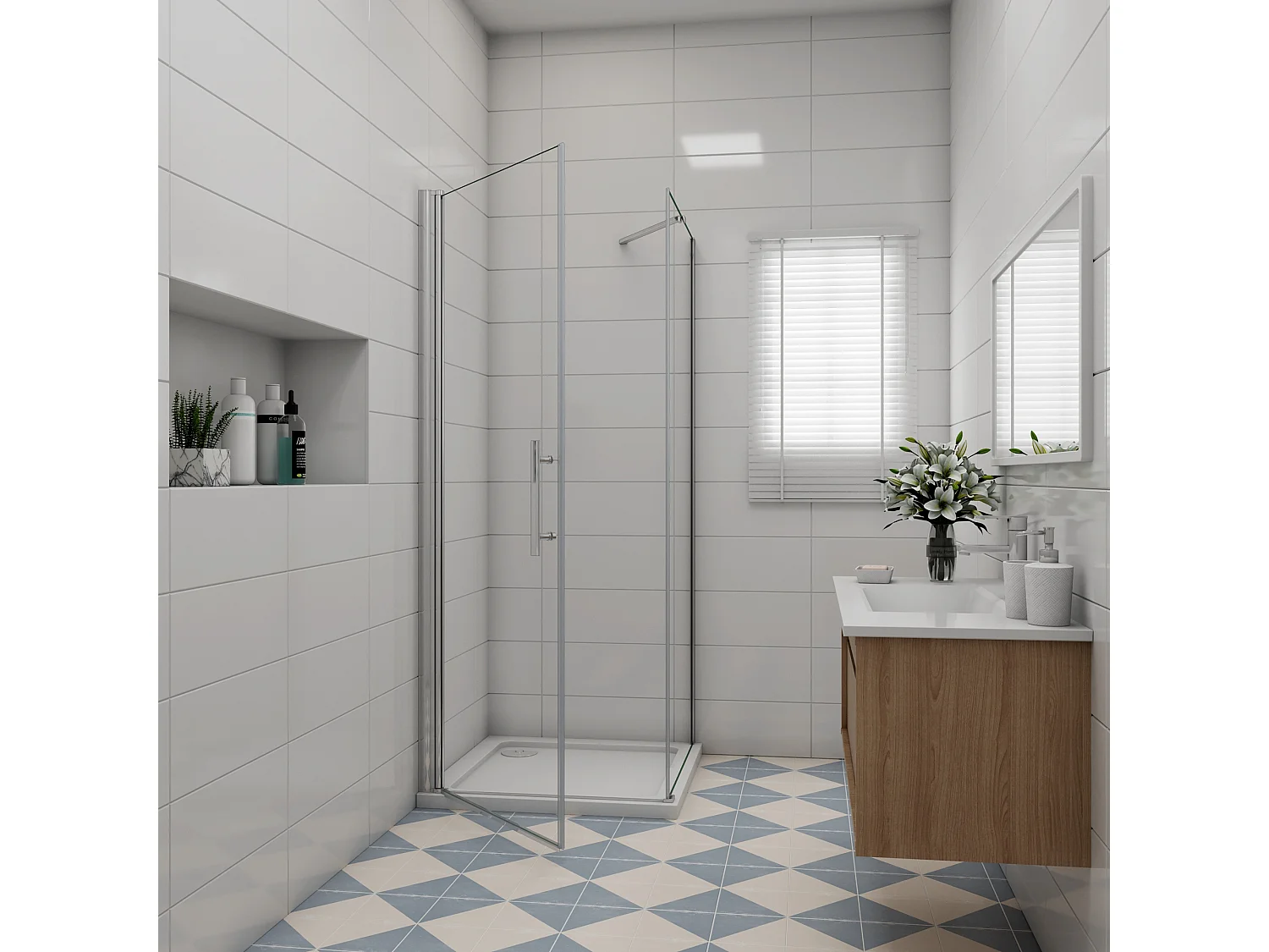 B:100xD:80x197cm Douchecabine met draaideur+zijwand,6mm EasyClean veiligheidsglas,50 cm Stabilisatiestang (draaibaar),profiel van glanzend chroom