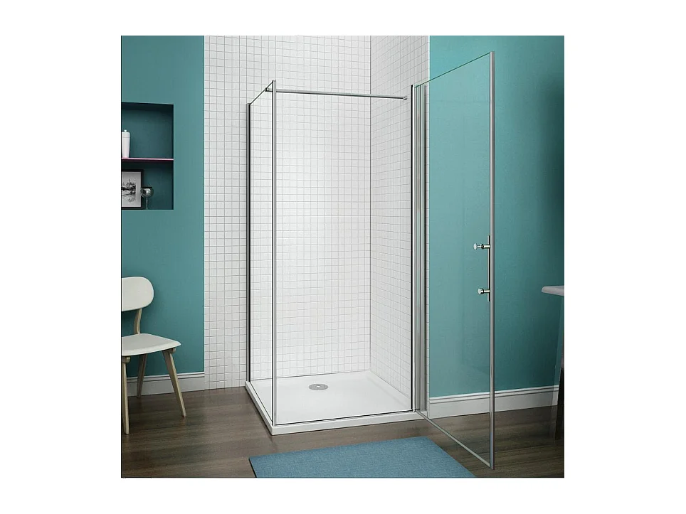 B:90xD:80x197cm Douchecabine met draaideur+zijwand,6mm EasyClean veiligheidsglas,N-vorm:140cm stabilisator (kan worden gesneden),profiel van glanzend chroom