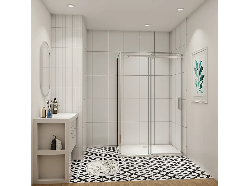 Schuifbare douchecabine 110x195cm met zijwand 70x195cm,8mm helder antikalk NANO glas,profiel van glanzend chroom.