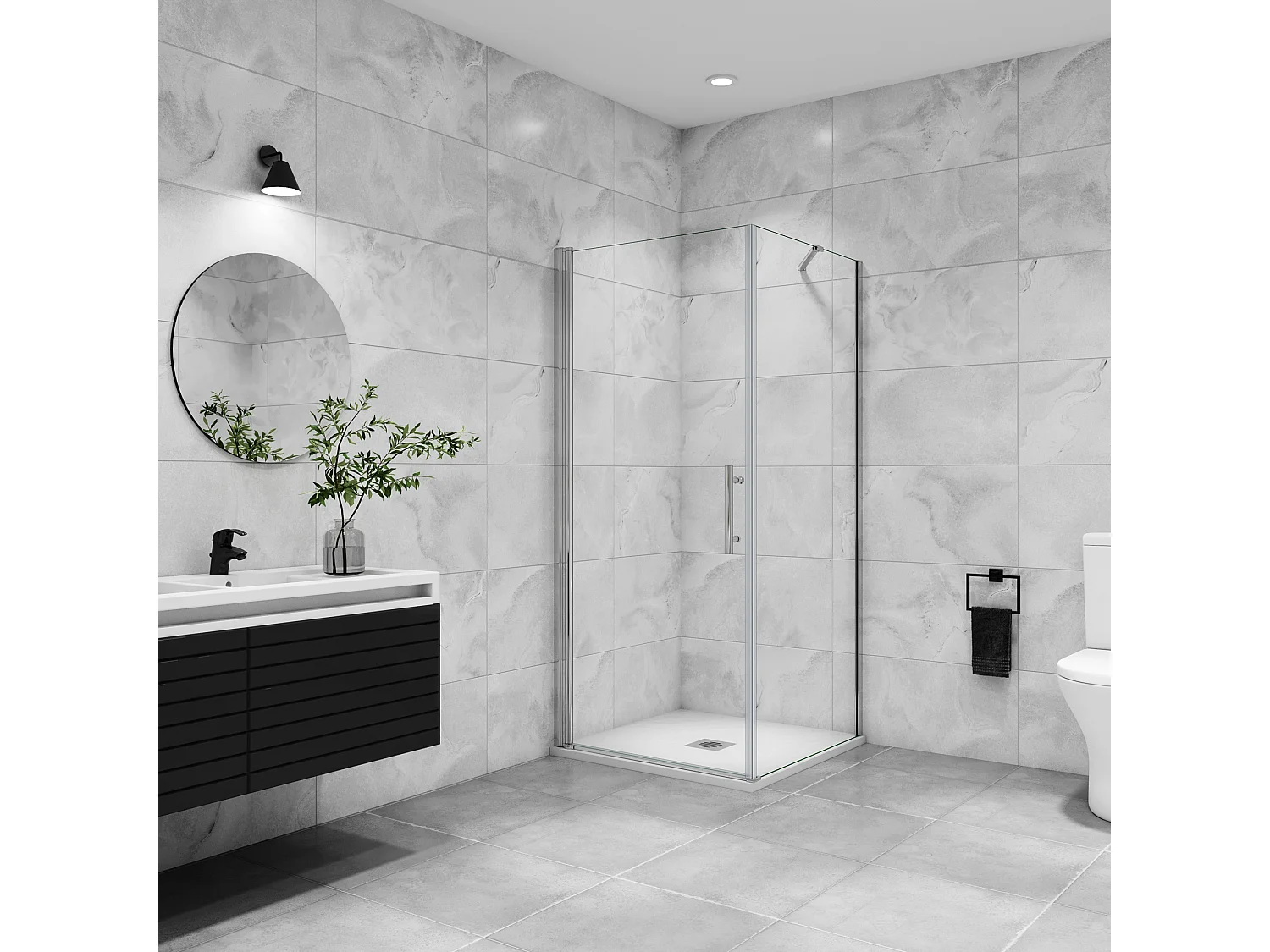 B:90xD:80x197cm Douchecabine met draaideur+zijwand,6mm EasyClean veiligheidsglas,45 cm Stabilisatiestang (draaibaar),profiel van glanzend chroom